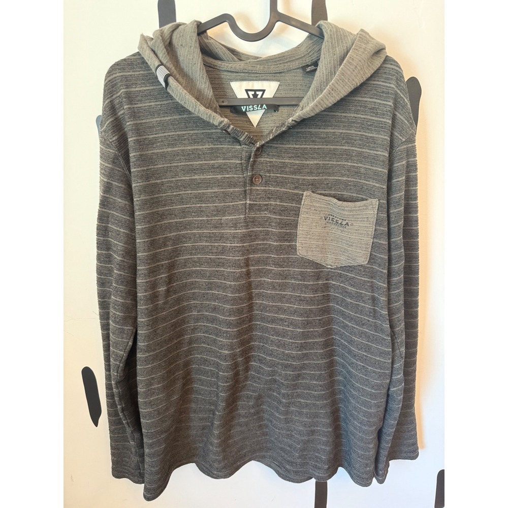 Vissla Mens Large Hoodie Striped Pullover Long Sleeve‎ Henley Pocket Gray Large